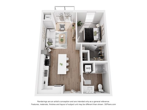 A floor plan of a small apartment with a kitchen, living room, and bedroom.